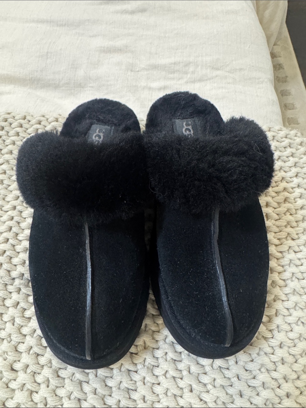 UGG Black Suede Fur-Trim Slip-On Slippers